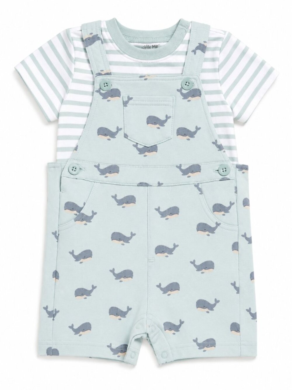 NWT Little Me Baby Boy Whale Shortall Set Blue Nautical Outfit Knit Romper & Tee